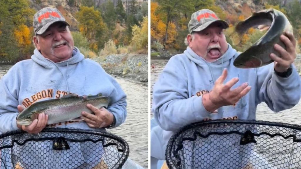 Left image shows a proud angler getting a photo wish his fish. Right image shows the man juggling the slippery fish.