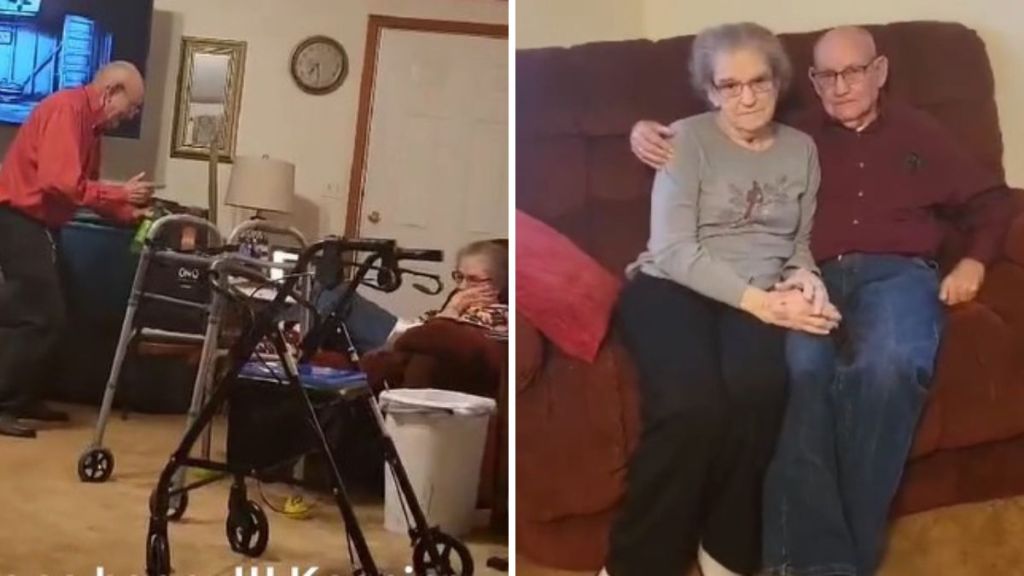 Left image shows a Grandpa singing to his wife. Right image shows the couple on a sofa after their video went viral on TikTok.