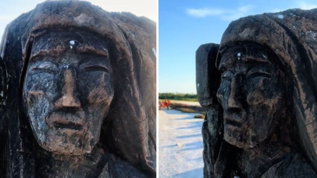 Images show a statue, thought to be a mermaid, that washed up on Anclote Key during a hurricane.