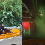 Left image shows a young man exiting the Jurassic Park ride. Right image shows a T-Rex hovering over the ride snarling.