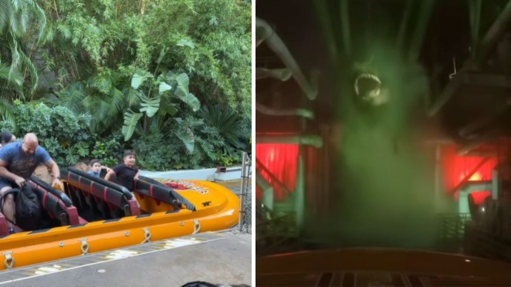 Left image shows a young man exiting the Jurassic Park ride. Right image shows a T-Rex hovering over the ride snarling.