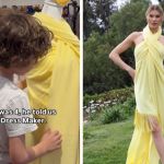 Left image shows Max Alexander working on a fashion design, draping material over a mannequin. Right image shows a model doing an outdoor photo shoot of a beautiful yellow wrap dress with Max playing in the background.