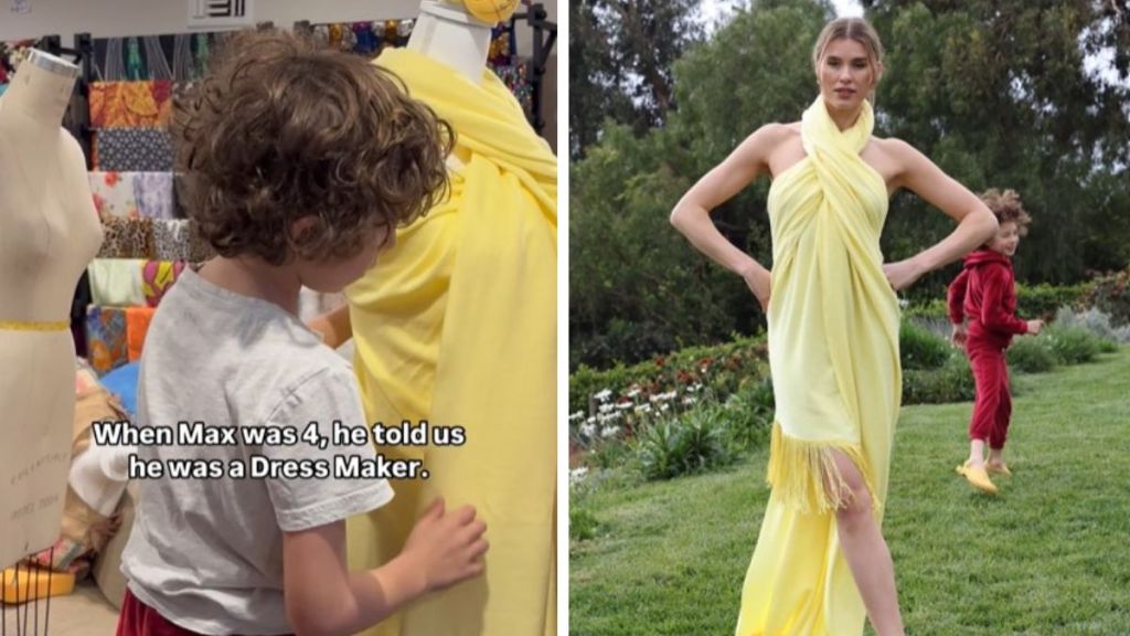 Left image shows Max Alexander working on a fashion design, draping material over a mannequin. Right image shows a model doing an outdoor photo shoot of a beautiful yellow wrap dress with Max playing in the background.