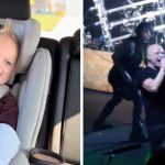 Left image shows a happy toddler in a car seat. Right image shows David Draiman making "monkey" sounds while singing his song "Down with the Sickness.