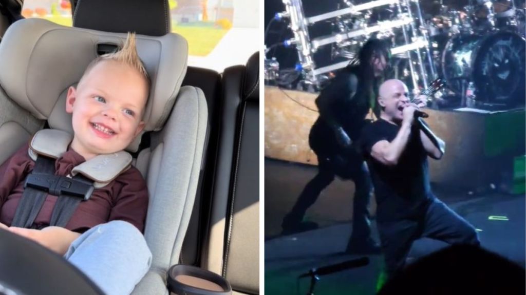 Left image shows a happy toddler in a car seat. Right image shows David Draiman making "monkey" sounds while singing his song "Down with the Sickness.