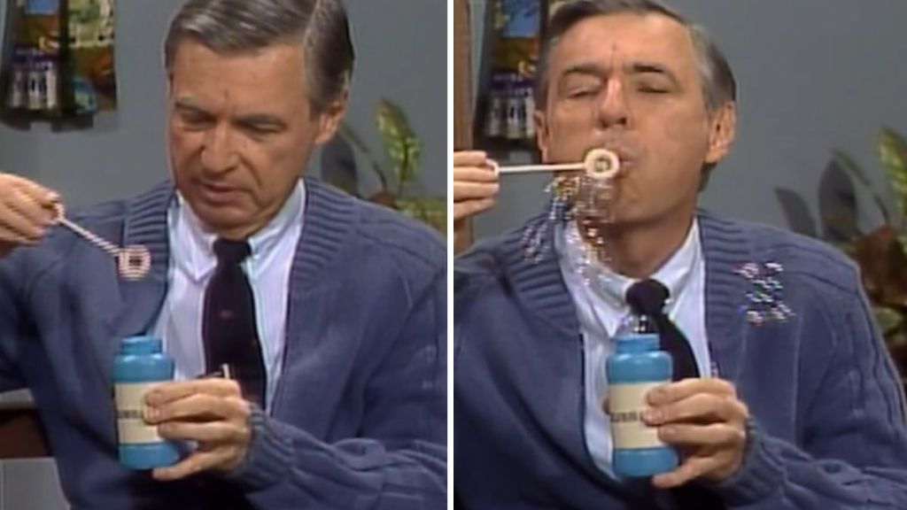 Images show Mr Rogers blowing bubbles during one of his show's episodes.