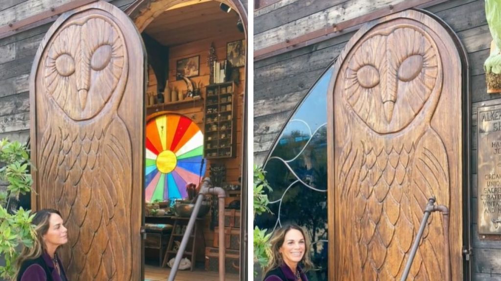 Images show the unique owl door on the Alkemie Road Shoppe in Topanga Canyon, CA.