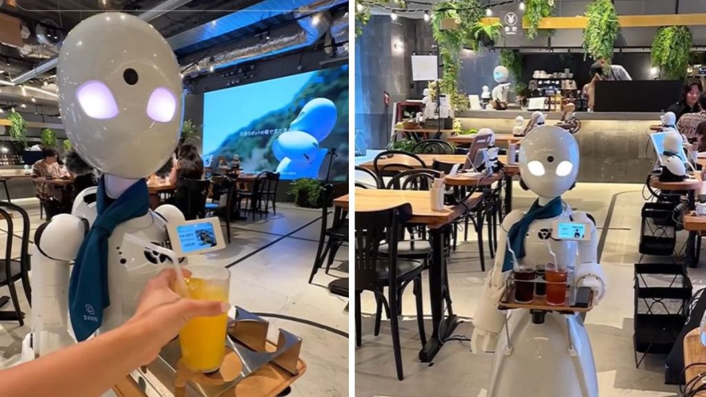 Images show a robot waitress serving customers in a Tokyo, Japan restaurant.