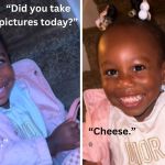 Left image shows a young girl as her mom asks, "Did you take pictures today?" Right image shows the girl modeling the smile she says will be on her school pictures.