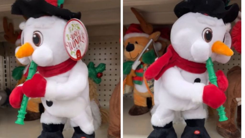 Images show a dancing snowman decoration that is playing a small recorder.