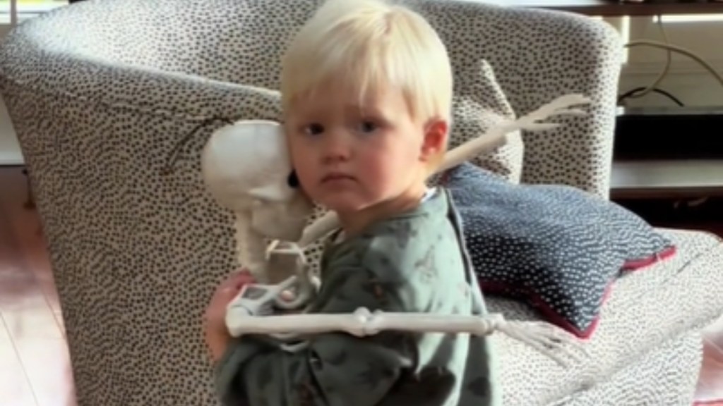 Close up of a toddler as he holds a decorative Halloween skeleton close. The toddler has a serious expression on his face as he gazes into the camera