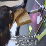 A dog painting white spots onto a purple canvas.