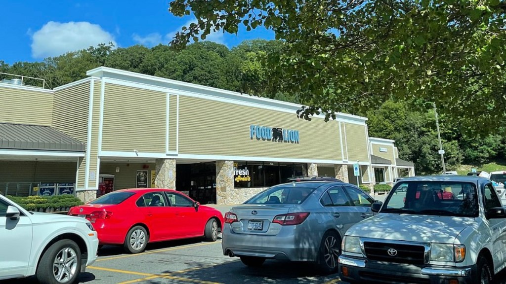 Exterior view of a Food Lion grocery store, as seen from the parking lot. There are a number of vehicles parked nearby