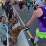 NYC Marathon runners pass by a woman smiling with her dog. One man stops to "boop" the dog's nose. The woman holds a sign that reads "Boop for Zoomies"