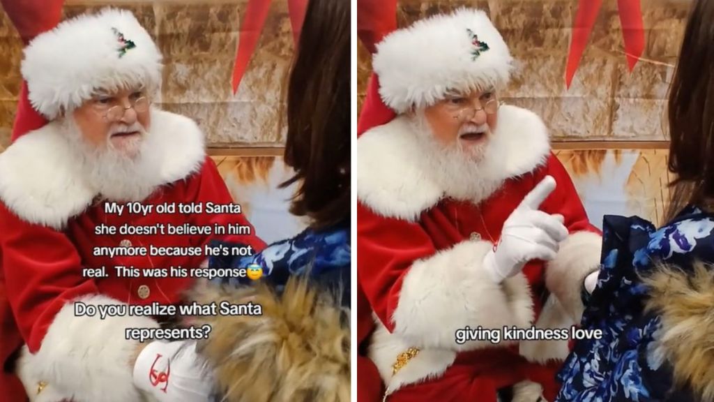 Images show a Santa offering a message to a young girl who doesn't believe anymore.