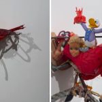 Left image shows a bird sculpture of a cardinal. Right image shows the materials used to create the sculpture.