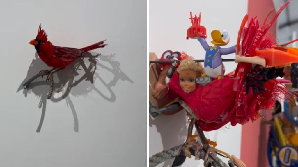 Left image shows a bird sculpture of a cardinal. Right image shows the materials used to create the sculpture.