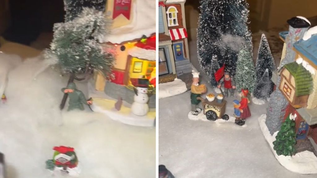 Image shows a Christmas village where the daughter has added toy soldiers as a prank.