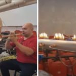 Left image shows a trumpet player playing jazz music into a special tube that displays sound waves using fire. Right image shows the flames dancing to the music.