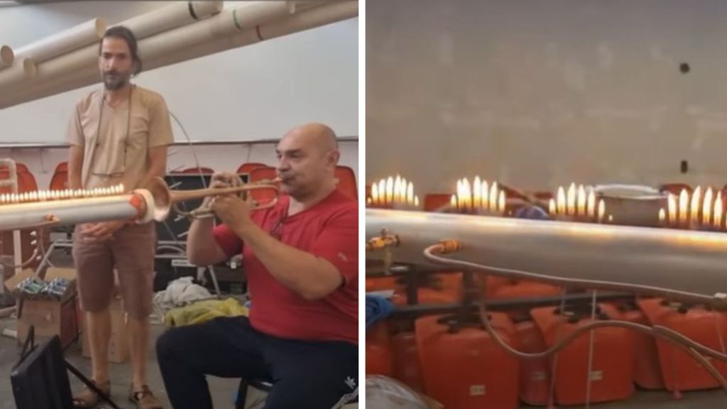 Left image shows a trumpet player playing jazz music into a special tube that displays sound waves using fire. Right image shows the flames dancing to the music.