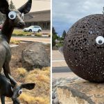 Images show statues in Bend, Oregon with large googly eyes.