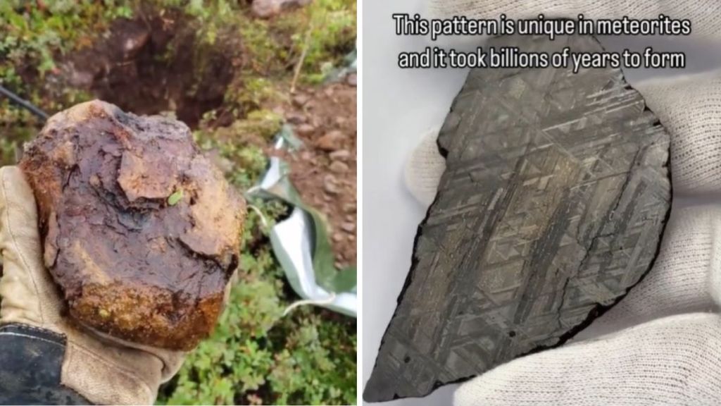 Left image shows a whole meteorite found by a hunter. Right image shows a slice of the meteorite that displays the unique patterning.