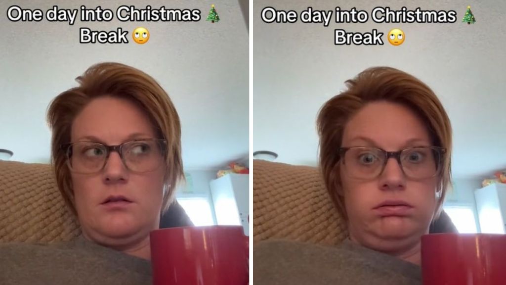 Image shows a mom during Christmas break wondering why she ever thought having kids was a good idea.