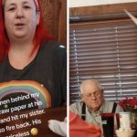 Left image shows a woman after being hit with a paper straw wrapper by a total stranger. Right image shows her return fire as she entered the paper straw fight.