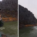 Left image shows an astonished tourist as he stands where two tectonic plates meet. Right image shows the scene that he saw.