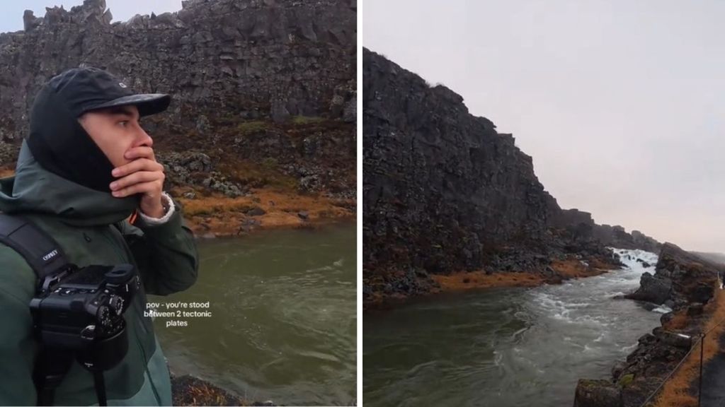 Left image shows an astonished tourist as he stands where two tectonic plates meet. Right image shows the scene that he saw.