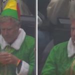 Left image shows Will Ferrell at an LA Kings game in his Buddy the Elf costume having a drink. Right image shows him with an unlit cigarette.