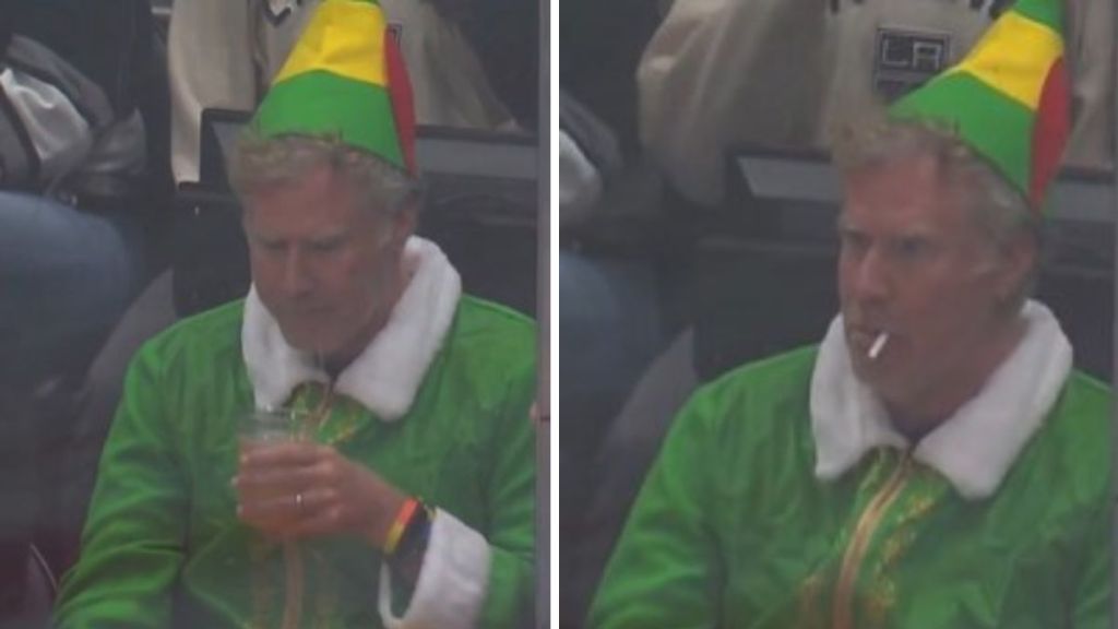 Left image shows Will Ferrell at an LA Kings game in his Buddy the Elf costume having a drink. Right image shows him with an unlit cigarette.