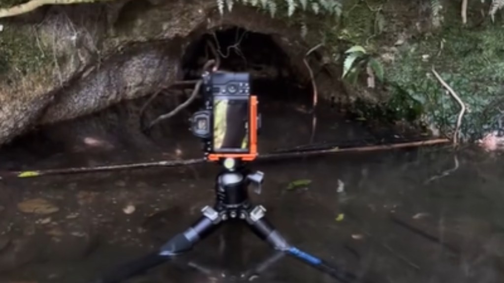 Close up of a camera placed on a tripod. The tripod is in shallow water, facing an opening in a cave