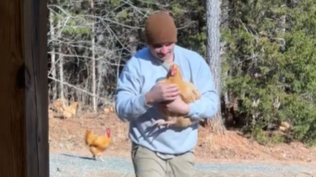 A man carrying a chicken in his arms.