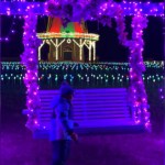 Night-time view of a kid standing next to a two-person swing with lights decorating it. In the distance is a lit-up building and a field of light up tulips