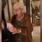 An elderly woman looking inside a bag with a surprised expression on her face.