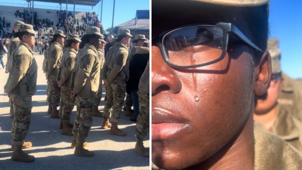 Left image shows an Air Force formation as a family approaches. Right image shows a tear flowing after an airman's mom spoke to her during the tapping out ceremony.