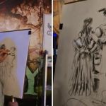 Left image shows an artist working on butt portraits for Ren Faire patrons. Right image shows the completed work.