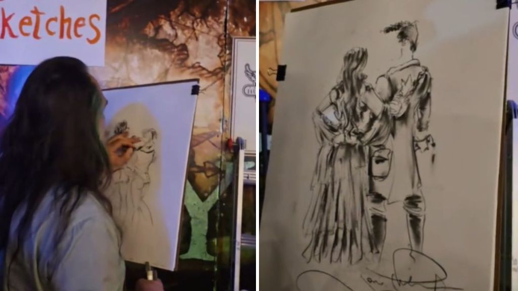 Left image shows an artist working on butt portraits for Ren Faire patrons. Right image shows the completed work.