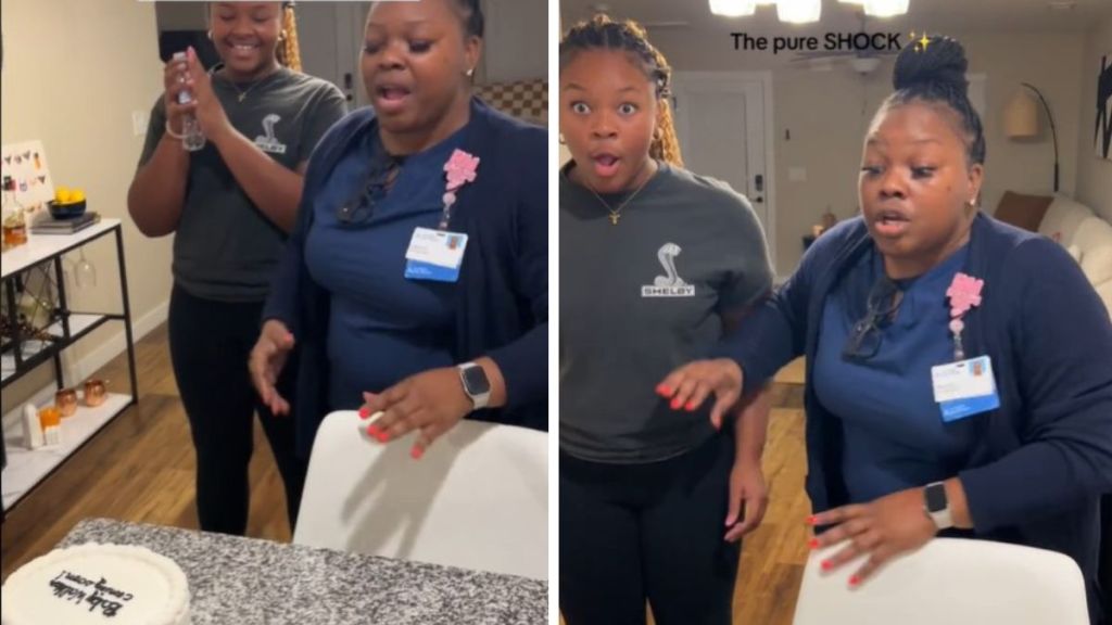 Images show a mother- and sister-in-law as they read a surprise message on a cake.