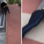 A Boston cop, testing a slide after complaints catapults out of the tube and down the slide.