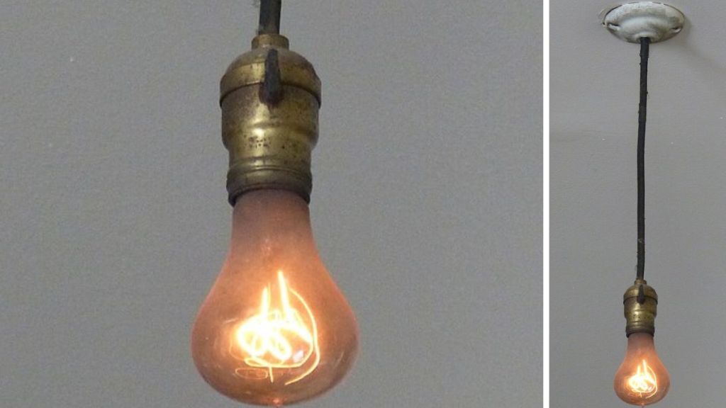 Images of the eternal light bulb hanging in the Livermore fire station.