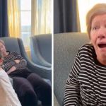 Left image shows a granddaughter finding her grandma with Alzheimer's asleep in a chair. Right image shows the grandma awake and happy to see familiar faces.