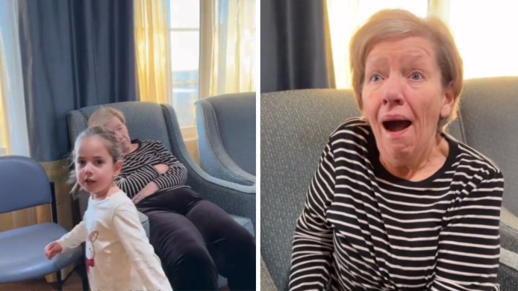 Left image shows a granddaughter finding her grandma with Alzheimer's asleep in a chair. Right image shows the grandma awake and happy to see familiar faces.