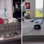 Left image shows a house dog loading the dishwasher. Right image shows the dog vacuuming the carpets.