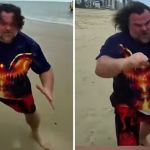 Jack Black demonstrating Kung Fu moves on a Gold Coast beach.