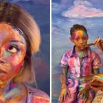 Left image shows a mother in a living painting. Right image shows the artist blending colors on a model.