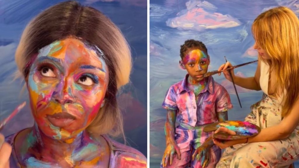 Left image shows a mother in a living painting. Right image shows the artist blending colors on a model.