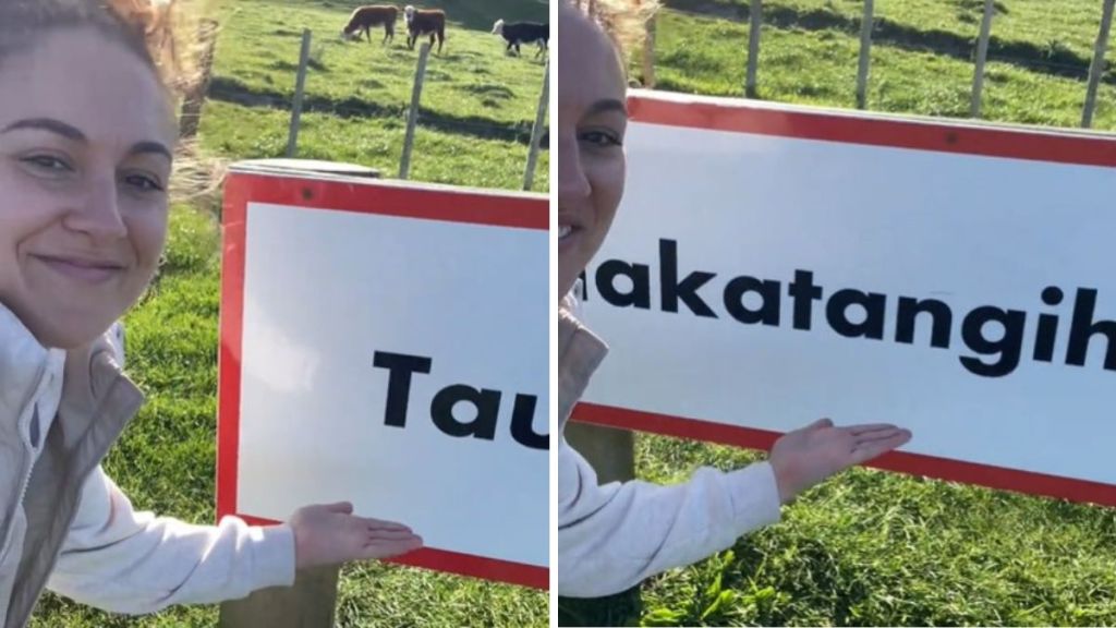 Images show two parts of the longest place name on a sign too big to fit in one image.