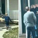 Left image shows a father and son walking up the a front porch. Right image shows the young man meeting his Grandma for the first time.